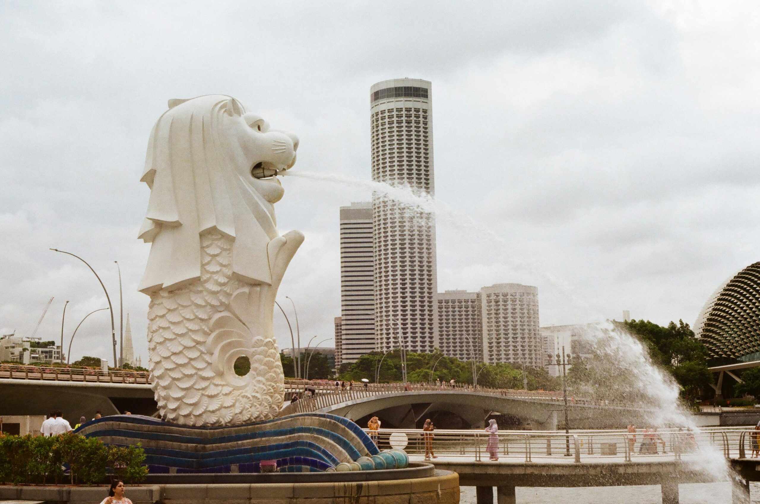 Capture of Singapore's famous Merlion statue overlooking Marina Bay, a popular tourist spot.